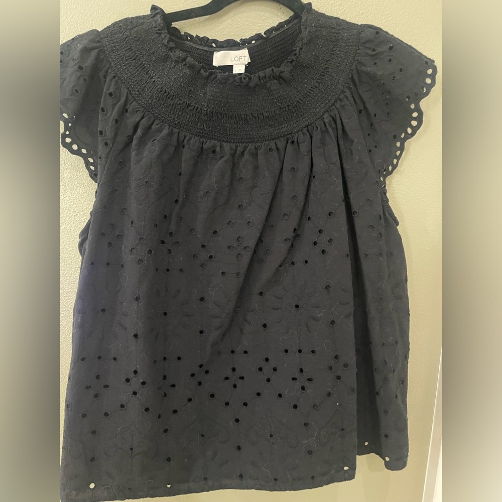 LOFT Black Eyelet Smocked Yoke Short Sleeve Blouse
